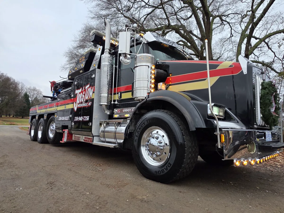 Close view of a Joe’s Tow heavy wrecker